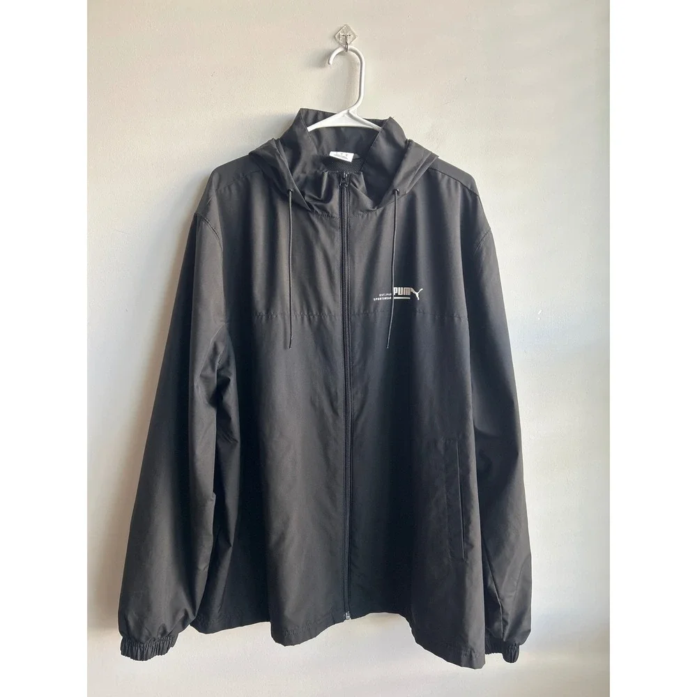 Puma Solid Black Windbreaker Jacket Hooded Mens Size XL